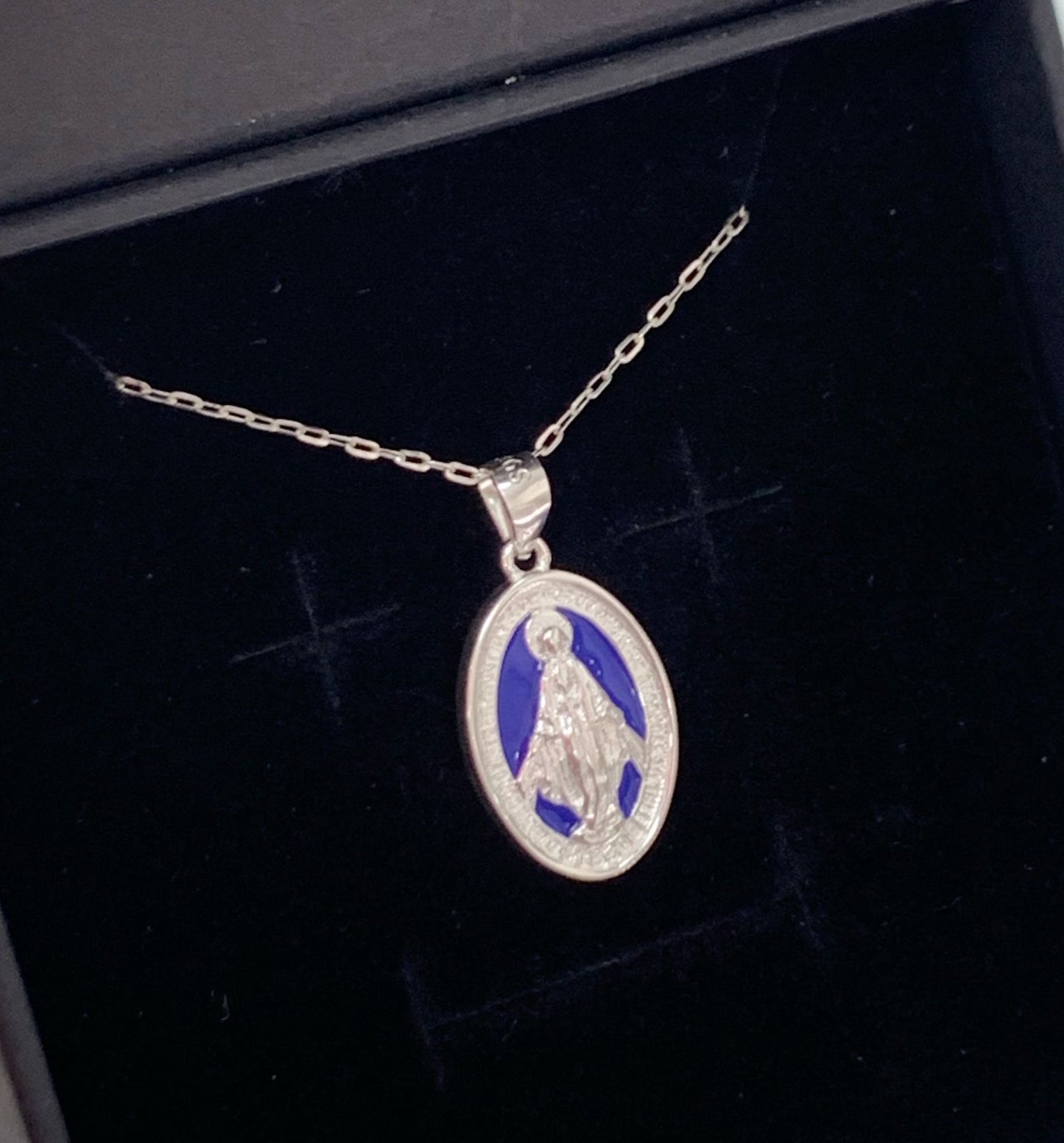 DIJE VIRGEN MARÍA, FONDO AZUL, PLATA 925